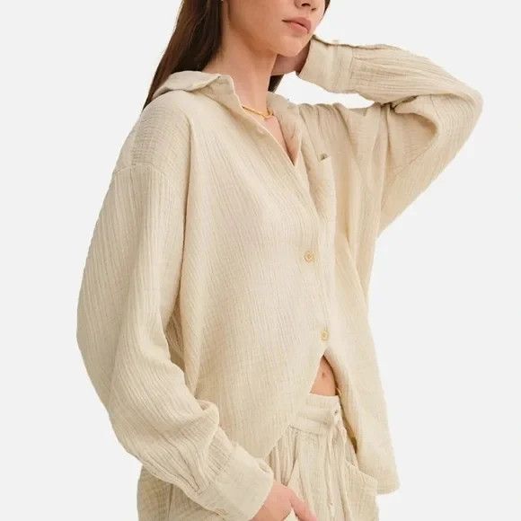 MATE The Label 100% Organic Cotton‎ Gauze Button Down Shirt NATURAL SZ S NWOT - Picture 1 of 11